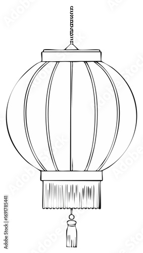 Decorative traditional Asian hanging lantern with tassel and fringe line art illustration