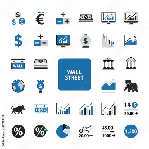 Set of financial and business icons with charts, money, wall street, and global economy symbols