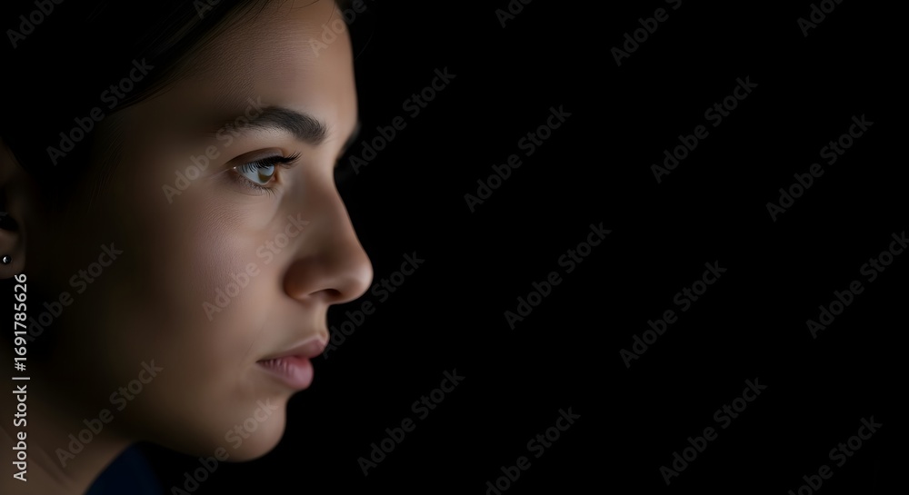 Fototapeta premium A serious young woman is captured in a dramatic low-key close-up profile shot, gazing intently forward with intense mood against a solid black background.