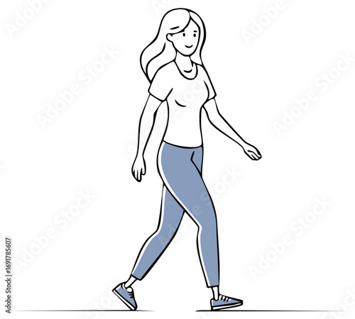 Simple line art illustration of a smiling woman walking casually