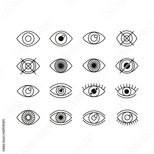 Collection of stylized eye icons representing vision, sight, and perception in various forms