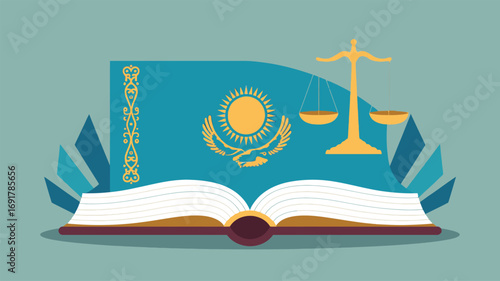 Kazakhstan. Features stylized law book, scales of justice, Kazakhstan flag abstract sun and eagle emblem,