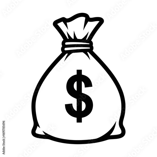 A black and white illustration of a money bag with a dollar sign on it, symbolizing wealth and finance
