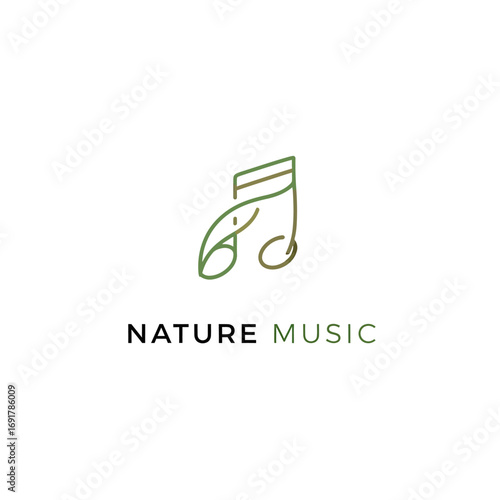 A minimalist line art logo featuring a stylized musical note with integrated green leaf elements, symbolizing the harmonious connection between nature and music.