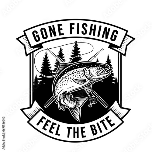 A dynamic illustration of a leaping trout with fishing rods and a forest background, conveying the thrill of "Gone Fishing.".