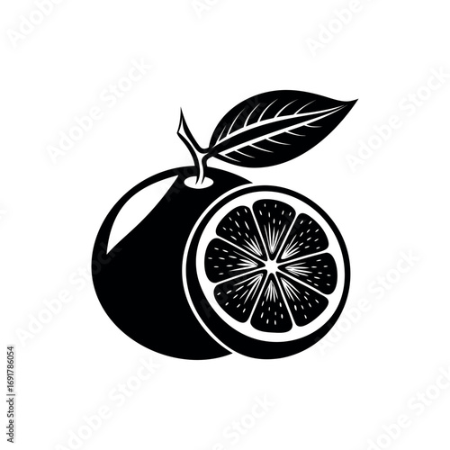 Black and white stylized orange fruit slice with leaf icon design