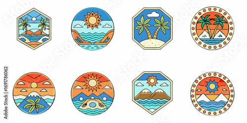 Collection of eight stylized tropical island and beach landscape emblems with palm trees and mountains