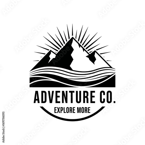 Vintage logo design featuring mountains and waves, promoting adventure.