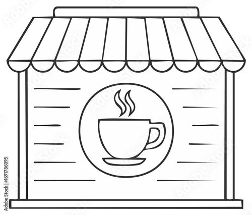 Coffee shop sign with steaming coffee cup and awning illustration