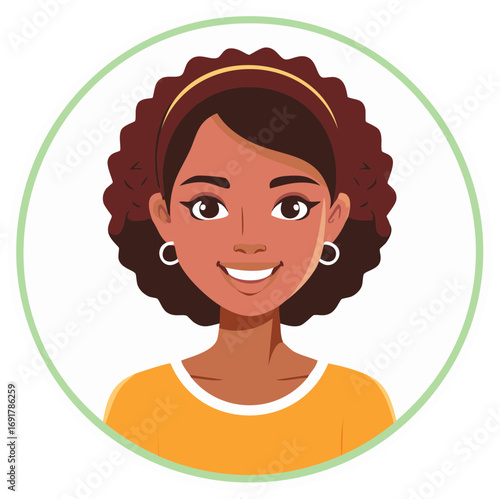 Illustration of a smiling woman with dark skin inside a green circle