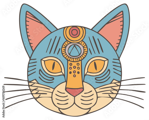 Stylized Cat Face with Geometric Third Eye and Tribal Markings