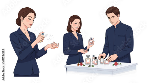 Elegance and Fragrance: Three individuals meticulously test perfumes, focusing on the sensory experience and the art of scent selection. 