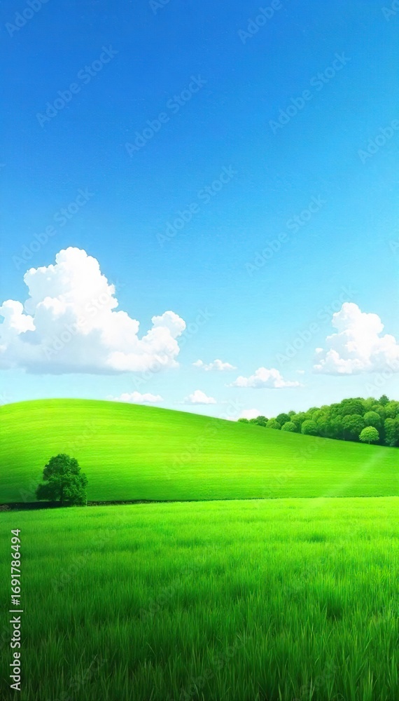 Obraz premium Serene landscape featuring a lush green pasture under a vast, clear sky Perfect for backgrounds needing a tranquil, pastoral feel Ideal for website headers, presentations, and more , calm, wallpaper