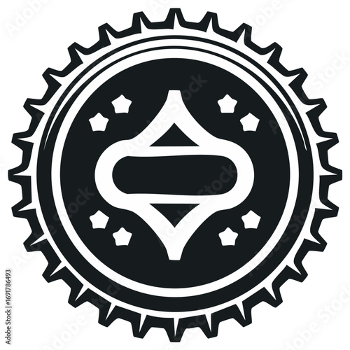 Black and white graphic of a stylized bottle cap with star accents