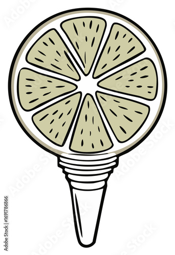 Stylized Citrus Fruit Slice on Dispenser Tap. Graphic Lime with Spout. Minimalist Line Art Cocktail Mixer. Refreshing Drink Component