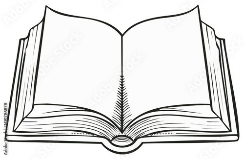 Black and white line art illustration of an open book with empty pages ready for content