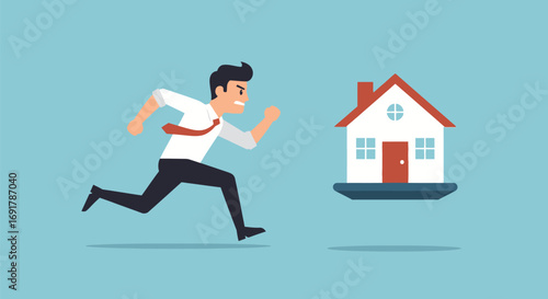 Cartoon Businessman Running Towards a House, Chasing Homeownership Dream