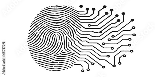Black digital fingerprint on a white background, a biometric symbol of unique security and identity