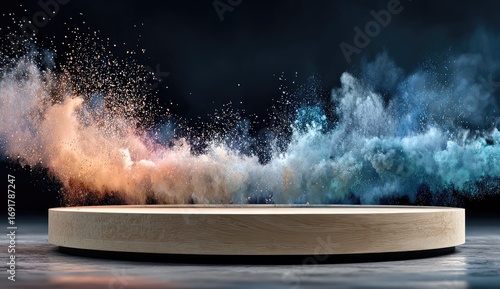 Circular wooden platform, swirling colored powder