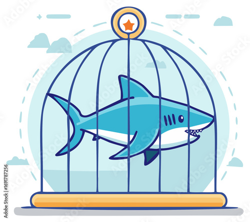 Illustrative blue shark trapped inside a birdcage with a star on top against a light blue background