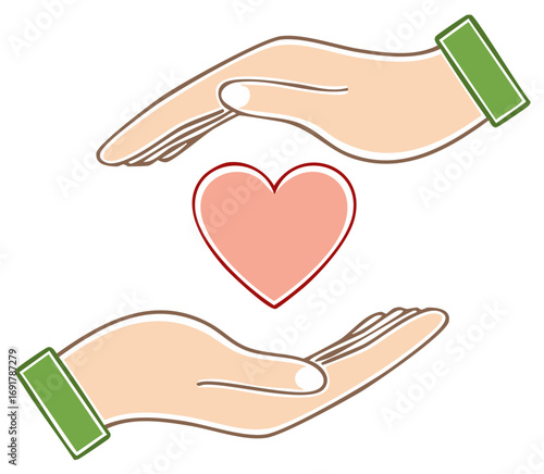 Hands protecting a heart representing love health and charity concept illustration