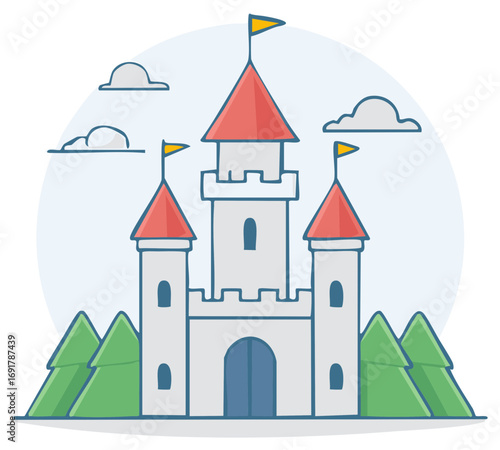 Cartoon illustration of a fairytale castle with flags, towers, trees, and clouds in a whimsical style.