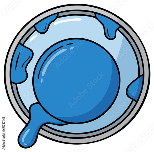 Cartoon illustration of a blue orb specimen overflowing in a circular container