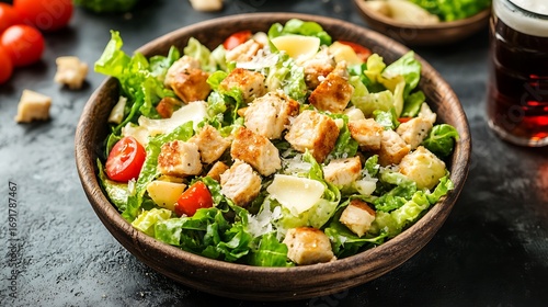 Chicken caesar salad on rustic background served with cola