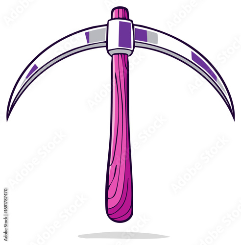 Stylized cartoon pickaxe with a sharp metallic blade and a vibrant pink wooden handle.