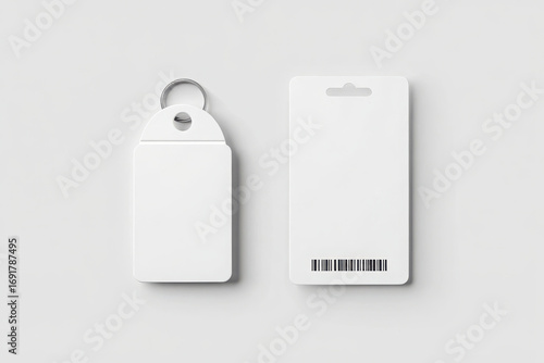 Blank white rectangular keychain and tag with barcode on grey background