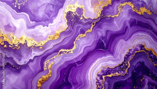 Luxurious purple agate background with shimmering gold veins and marble texture