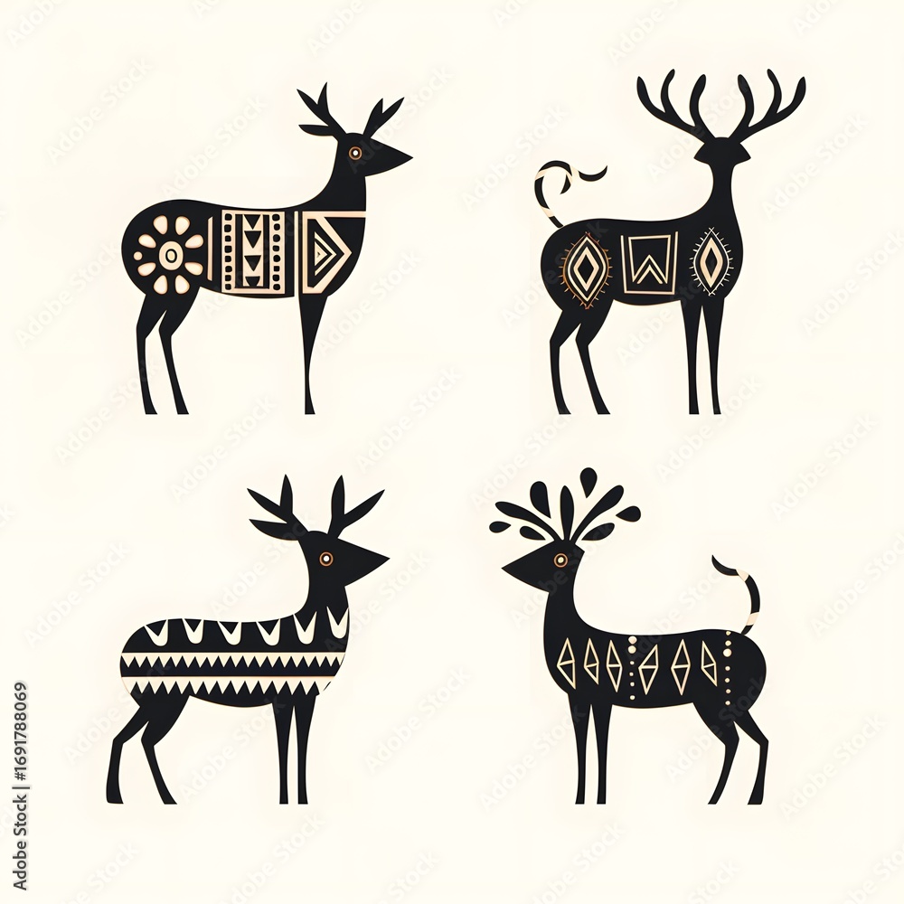 Naklejka premium Decorative playful vector illustration of simple stylized reindeer in cartoon form, symbolizing humor, culture, childhood and lifestyle, a decorative artwork merging animal subject with minimal decora