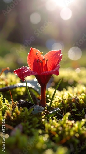 Red flower in mossy sunlight