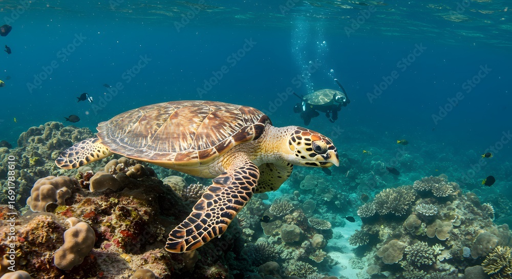 Fototapeta premium Sea turtle underwater coral reef