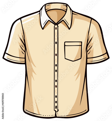 Khaki Short Sleeve Button Down Shirt with Pocket Fashion Apparel Illustration