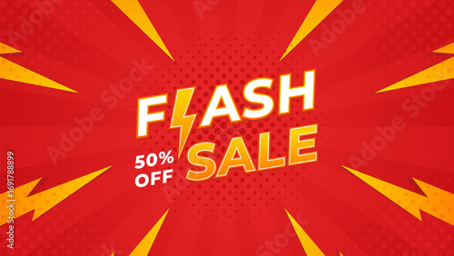 Flash sale promo banner template. Red comic sunburst background with lightning effect. Flash sale text effect design for Sale promotion, website, business, event, and advertising