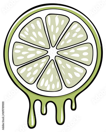 Cartoon illustration of a fresh lime slice with dripping juice