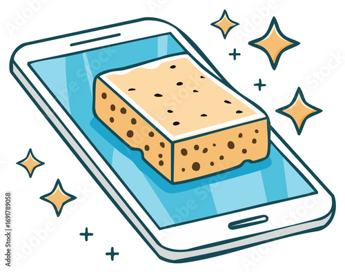Cartoon illustration of a mobile phone being cleaned with a sponge with sparkling effects