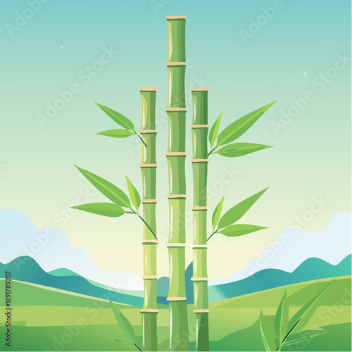 Bamboo Stalks Against a Serene Landscape A Peaceful Vector Illustration
