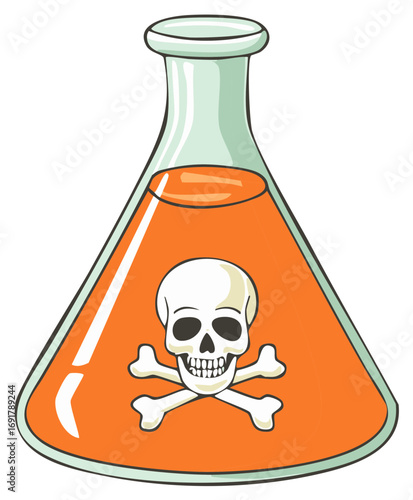 Cartoon illustration of a laboratory flask with orange poison and a skull and crossbones warning sign