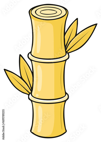 Yellow bamboo stem with green leaves, isolated, vector illustration