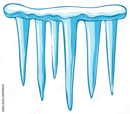 Frozen blue icicles cartoon illustration hanging from a snowy winter ledge