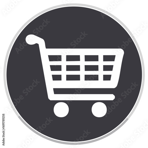 White shopping cart icon against a dark circular background with light gray outline