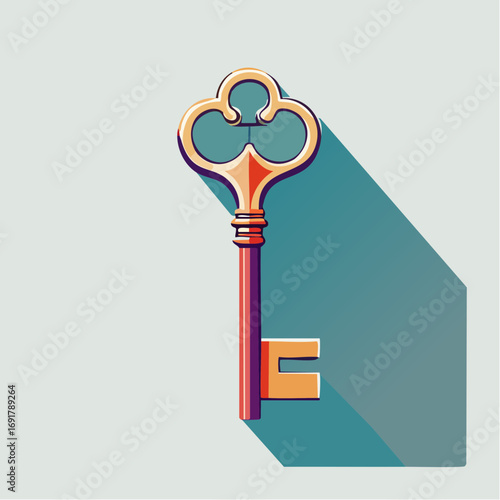Stylized illustration of an elegant golden antique key with an ornate bow and a distinct long shadow, presented in a modern flat design aesthetic, symbolizing access, security, secrets, and solutions