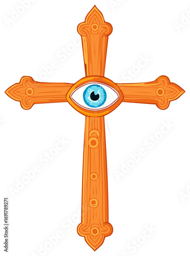 Eye in the Middle of Wooden Cross Symbolizing Protection and Spiritual Vision in Bright Orange Tones Against White
