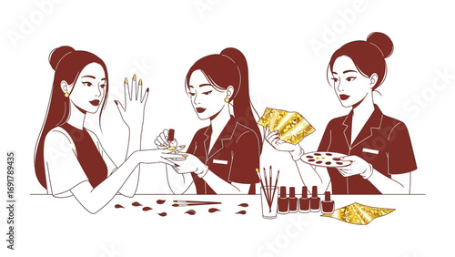 Two female practitioners administer traditional chinese cupping therapy to a male patient lying on a massage table with bottles of oil and herbs