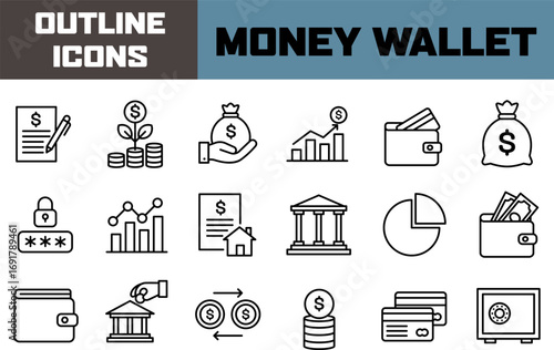 set of finance and money outline icons, symbolizing business, banking, and investment.
