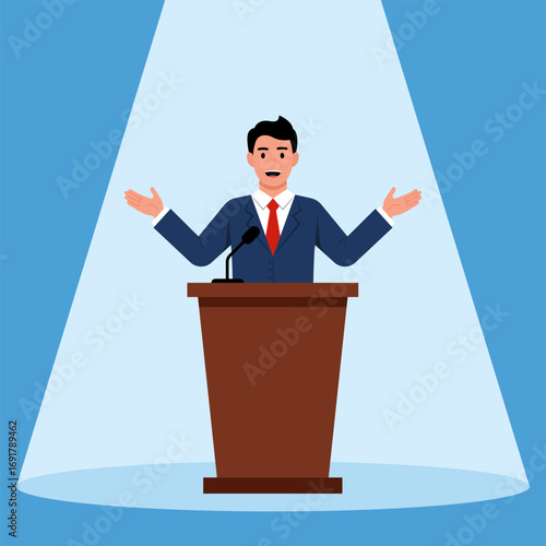 Illustration of a confident businessman speaking at a podium, symbolizing public speaking, a conference, or political speech.