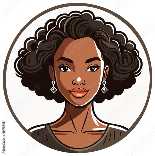 Illustration of a confident woman with curly afro hair and diamond earrings in a circular frame