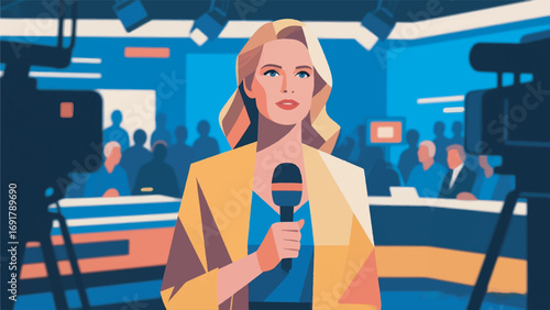illustration of a journalist presenting a program in a television studio vector design template